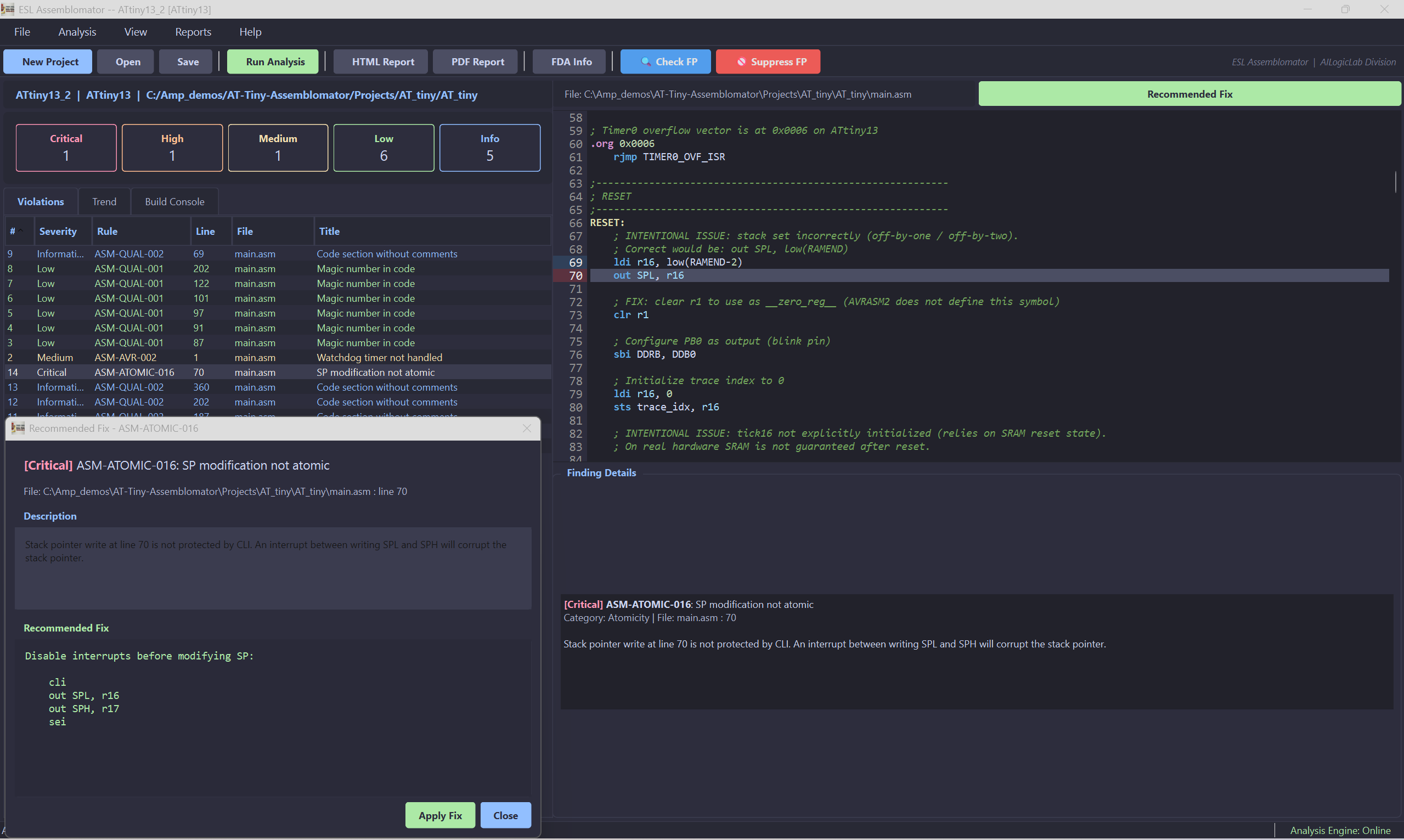 ESL Assemblomator — static code analysis for assembly language desktop application screenshot