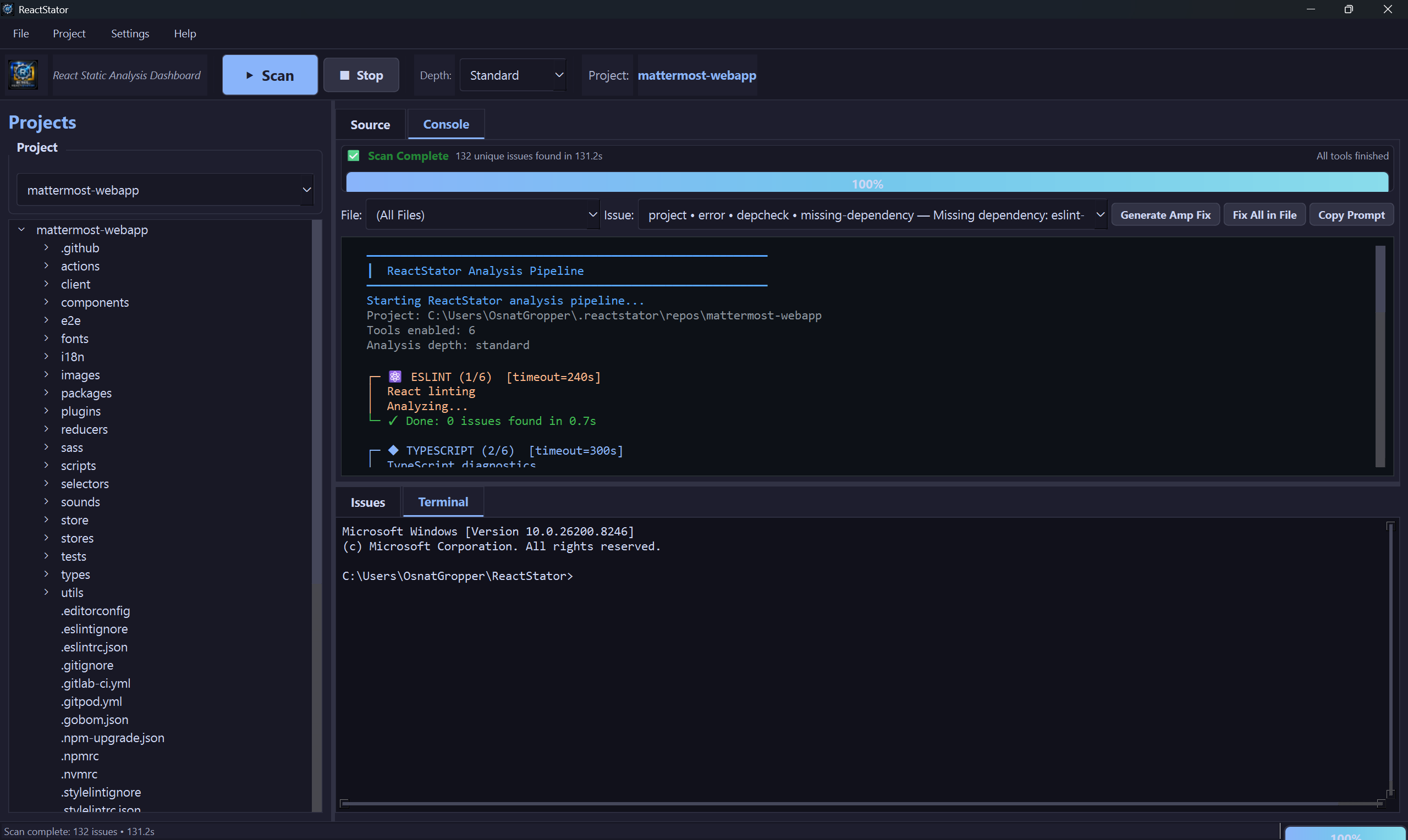 ESL ReactStator dashboard showing React component health, dependency risk, and refactor backlog