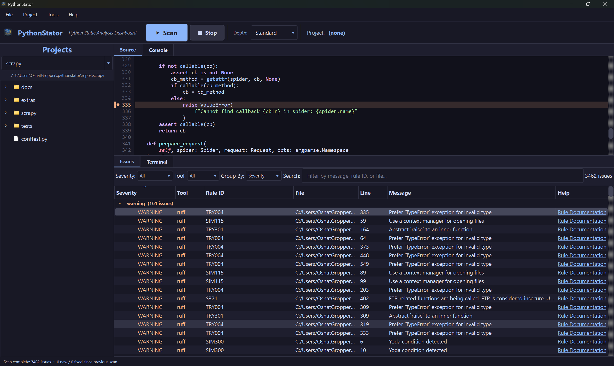 PythonStator GUI showing source viewer and deduplicated issues table