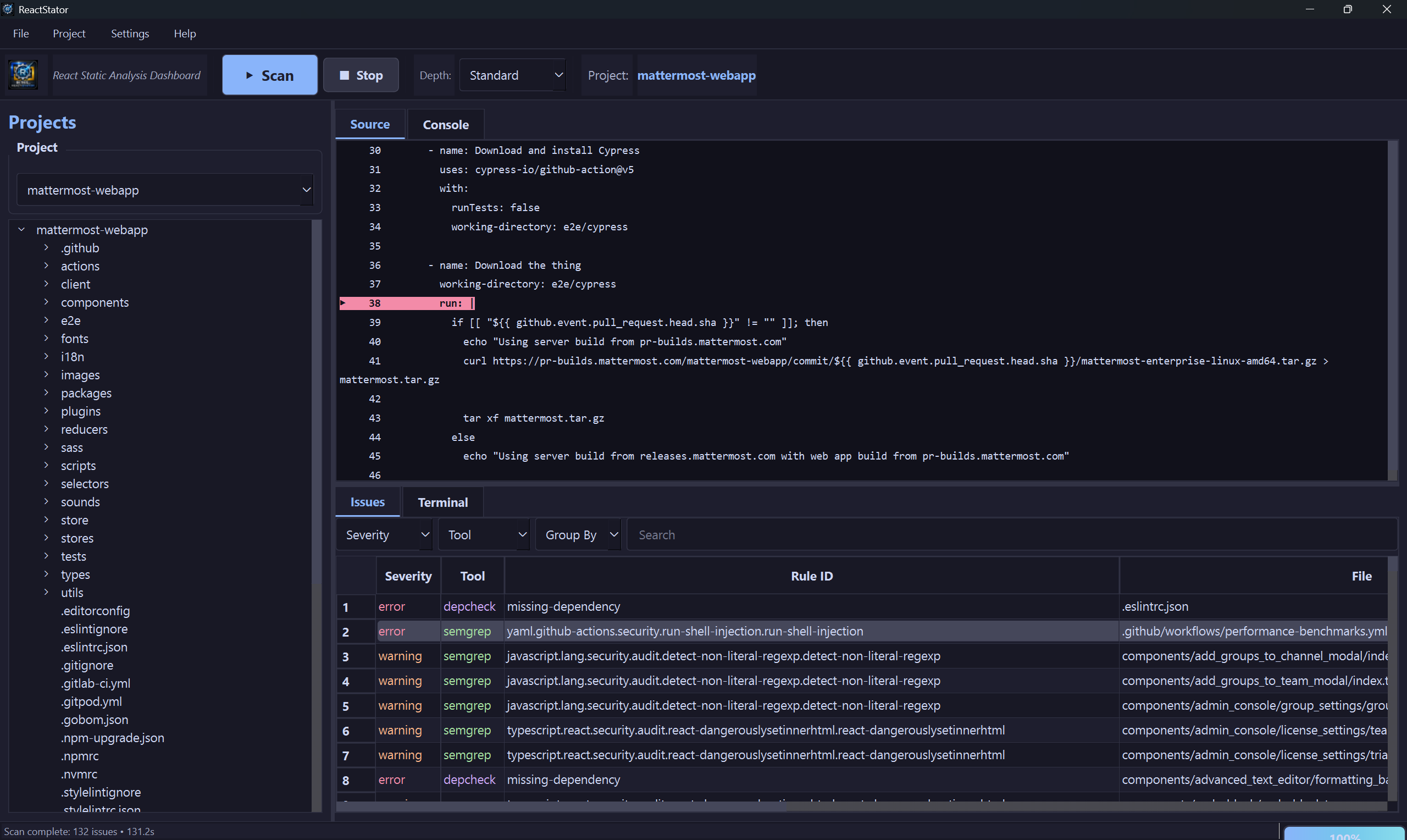 ReactStator source-level issues view