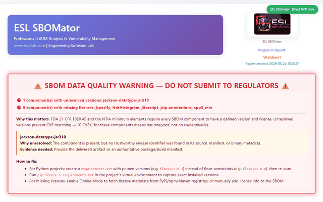 SBOMator sample report preview showing component inventory and vulnerability analysis for OWASP WebGoat